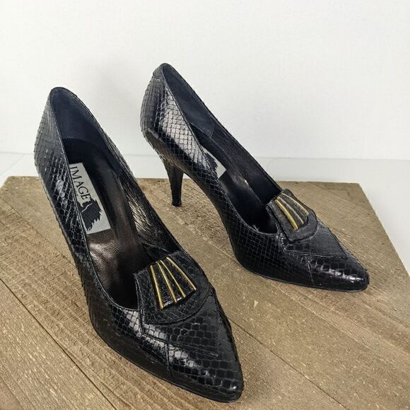 Vintage leather pumps, snakeskin heels, black vintage heels, 80s party shoes 6.5 - Picture 7 of 7